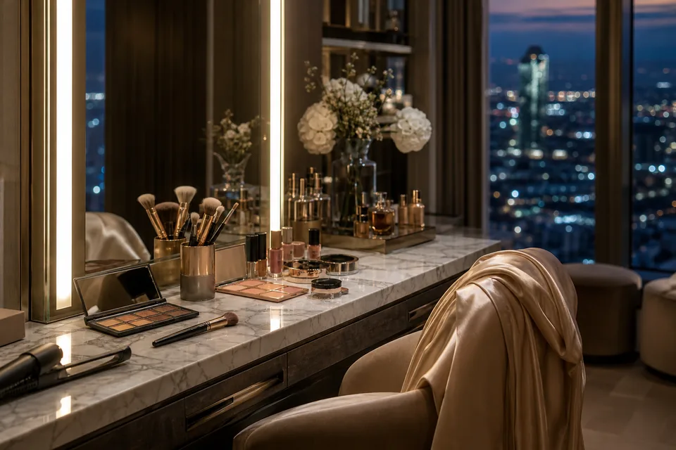 Lit vanity with makeup brushes, palettes and a styling iron on marble in a penthouse dressing room