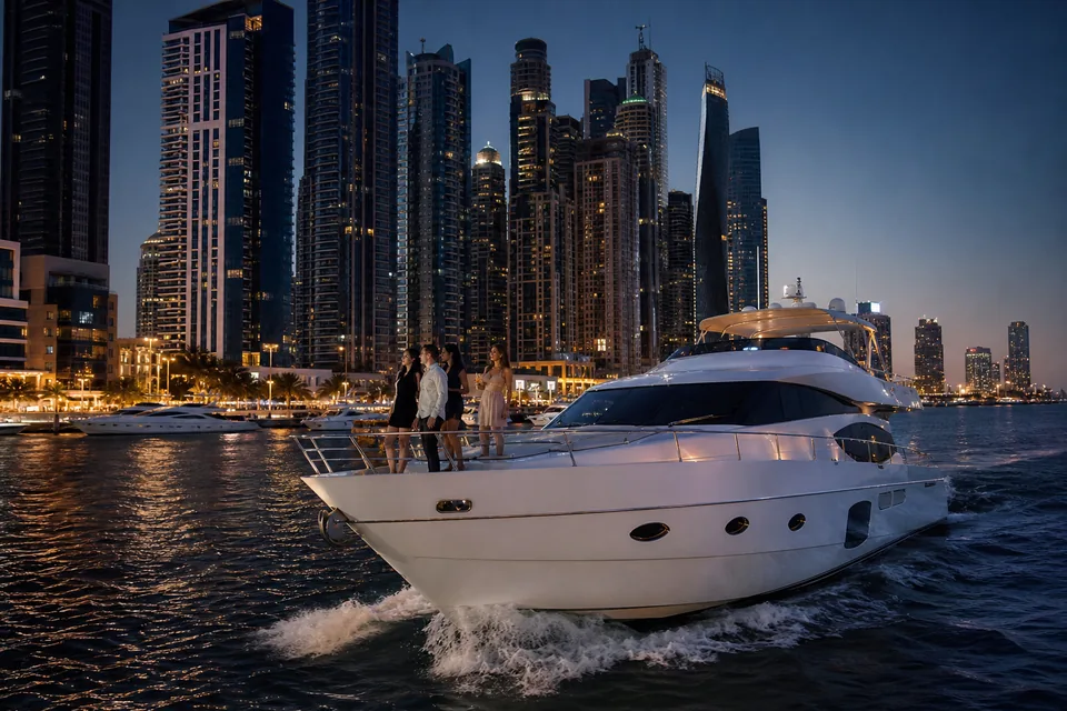Dubai Marina skyscrapers at blue hour with a large white yacht leaving the marina
