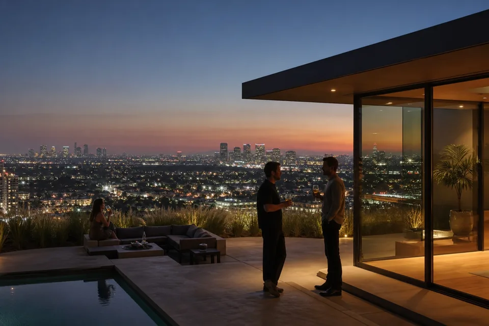 Modern glass house in the Hollywood Hills above Los Angeles city lights at dusk