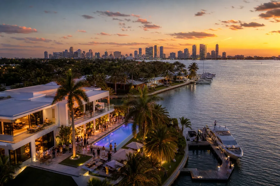 Aerial view of Miami Beach waterfront villas, yachts and Biscayne Bay at sunset