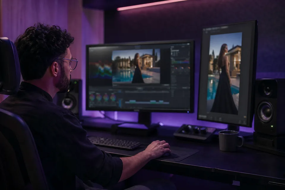 Video editor color grading a villa clip with vertical phone cuts on a second monitor in a dark edit suite