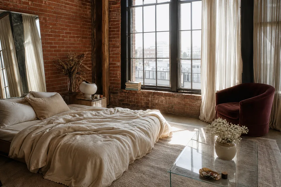 Arts District loft with steel windows, brick wall, ivory bed and velvet armchair in morning light