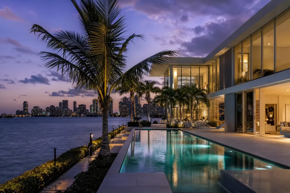 Bayfront glass villa with a lit pool on Biscayne Bay at dusk, downtown Miami across the water