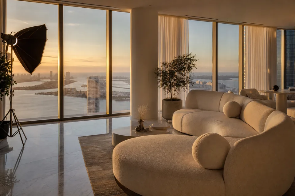 Brickell penthouse living room with bay views, cream sofa and a softbox by the window at sunset