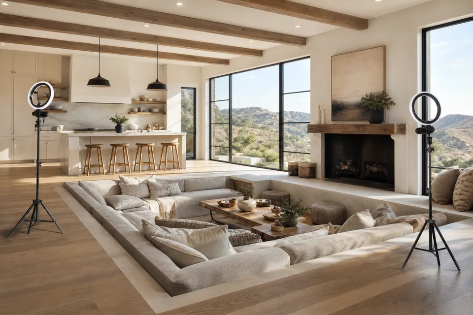 Calabasas content house with a white kitchen, sunken lounge with fireplace and ring lights