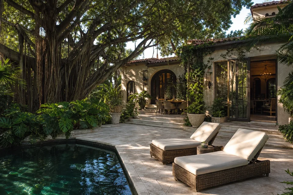 Garden villa in Coconut Grove with banyan trees, stone terrace and a small pool