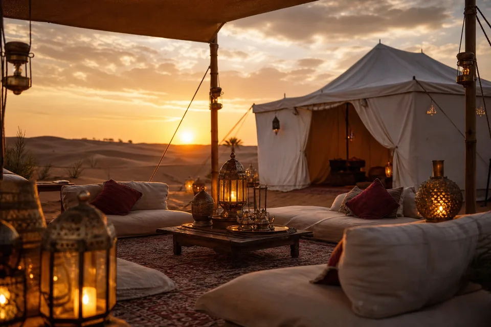 Desert camp majlis with lanterns and a canvas tent among golden dunes at sunset