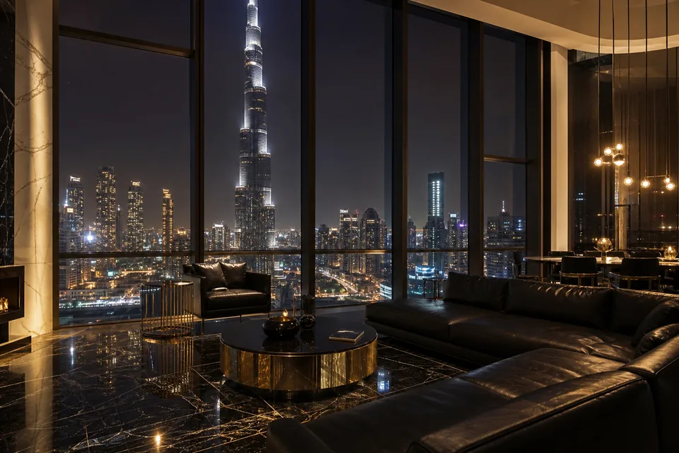 Downtown Dubai penthouse at night with dark marble, gold furniture and a lit skyline outside