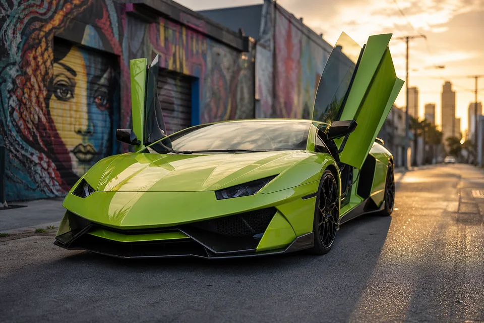Green supercar coupe with scissor doors open on a street art lined Miami street at golden hour