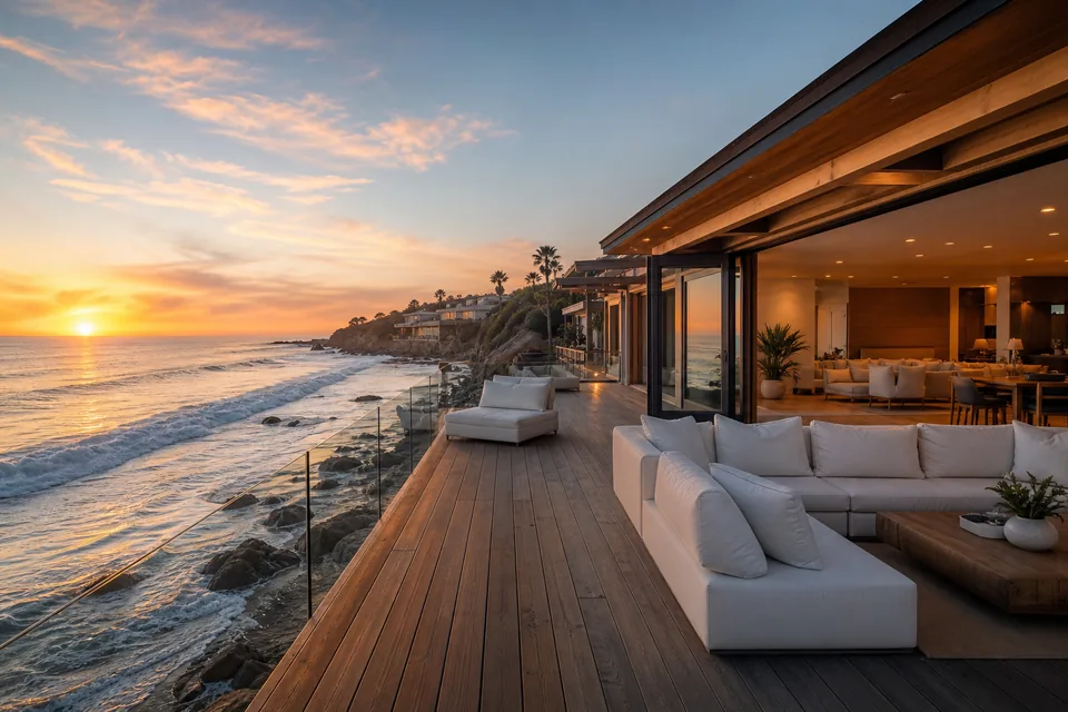 Malibu beach house deck with open glass doors and white sofas facing the ocean at sunset