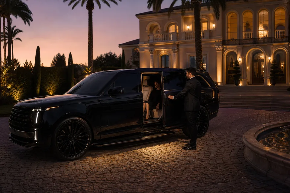 Black luxury SUV with a chauffeur at the open rear door in a Beverly Hills mansion driveway at dusk