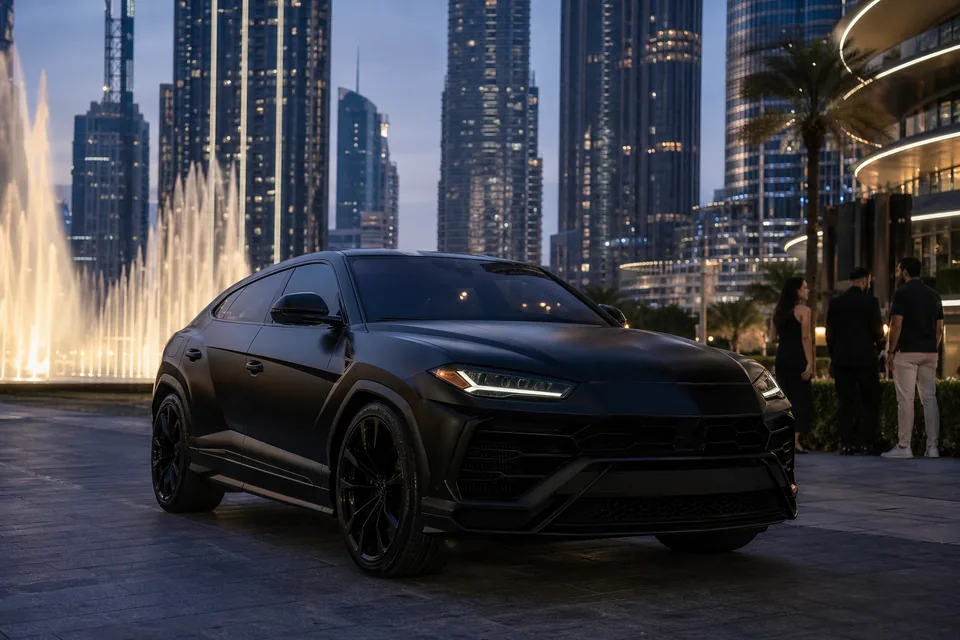 Matte black performance SUV on a Downtown Dubai boulevard at blue hour