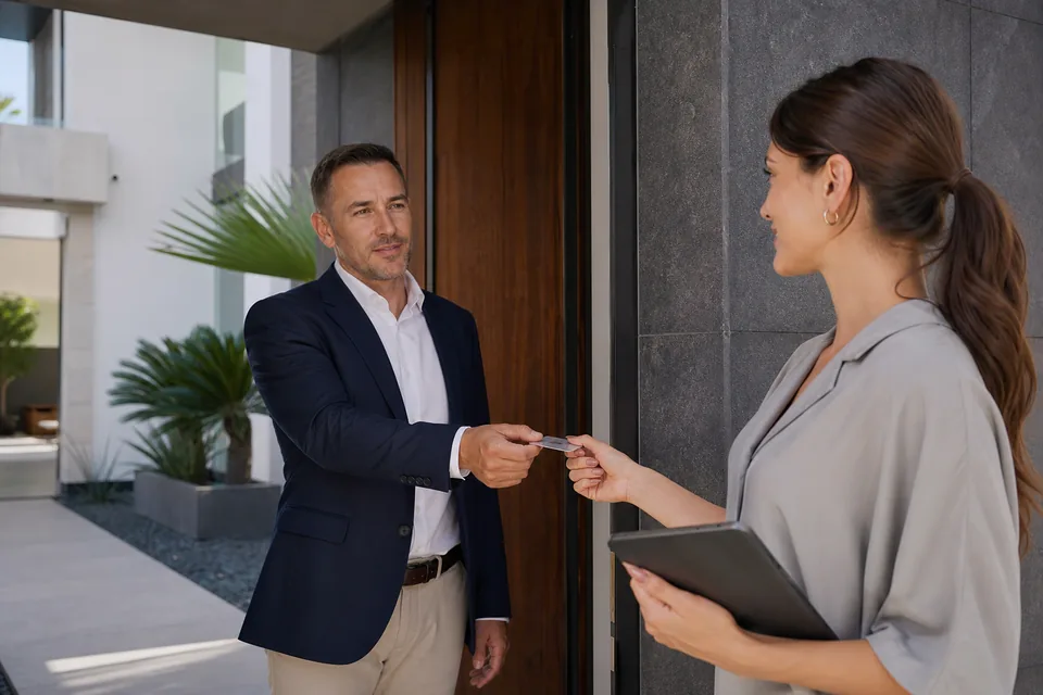 Villa owner handing a key card to a producer with a tablet at the entrance of a modern villa
