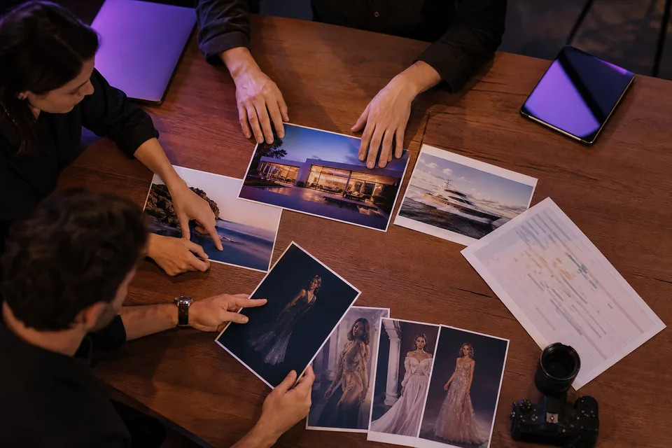 Production desk with a moodboard of villas and gowns, a printed schedule, a tablet and a camera