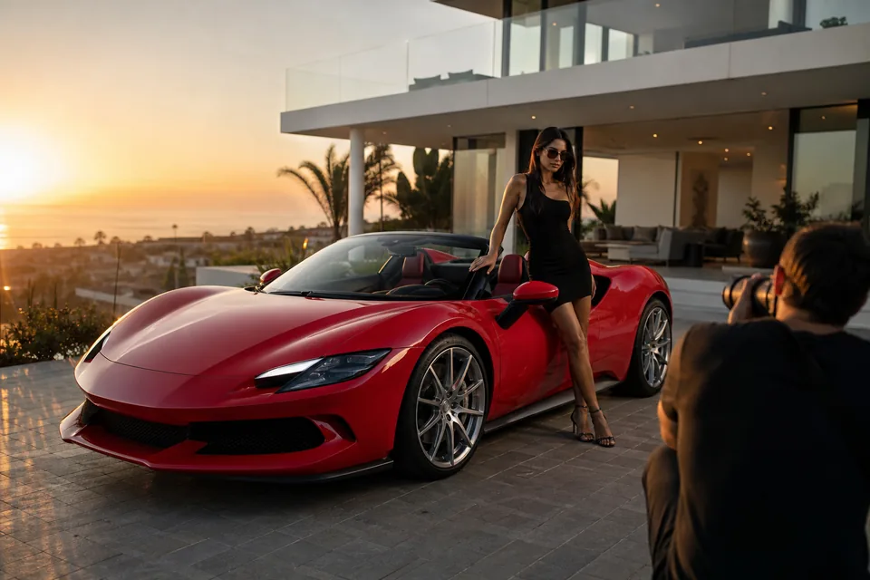 Woman in a black dress and sunglasses leaning on a red supercar convertible on a villa driveway at sunset