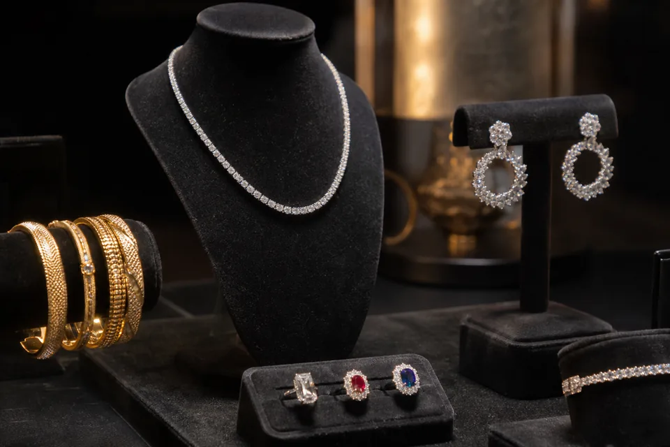 Diamond necklace, earrings, gold bangles and rings on black velvet trays under a spotlight