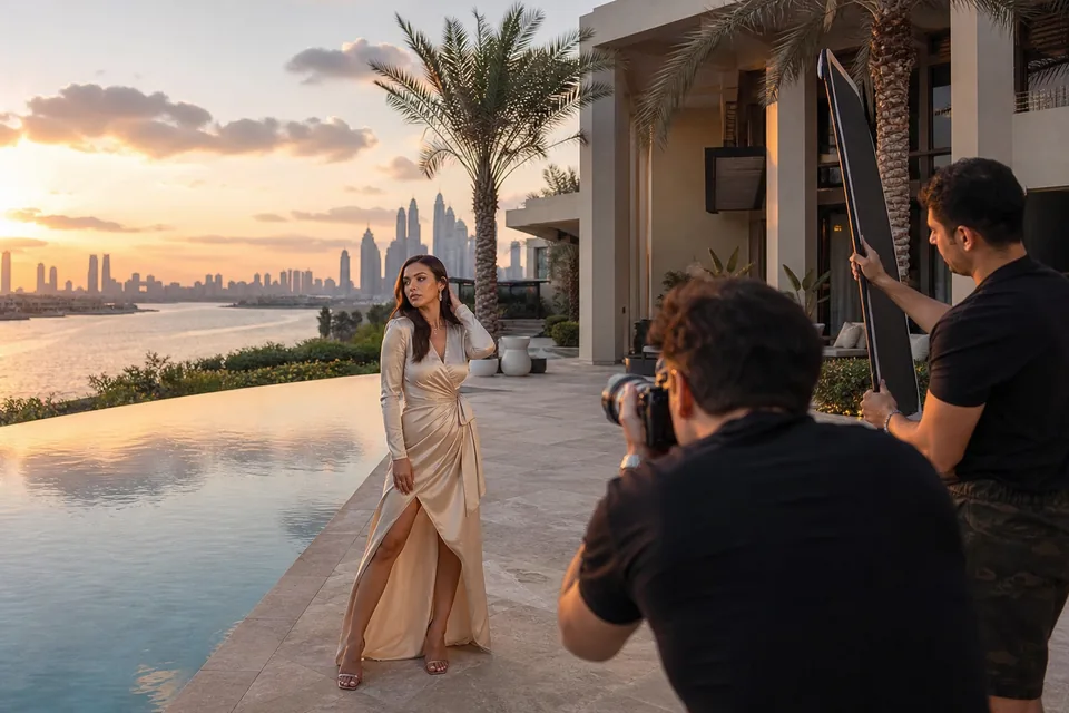 Woman in a satin dress posing by a villa pool on Palm Jumeirah at sunset with the Dubai skyline behind
