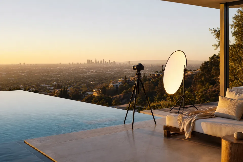 Hollywood Hills infinity pool terrace over Los Angeles with a camera on a tripod and a reflector at golden hour